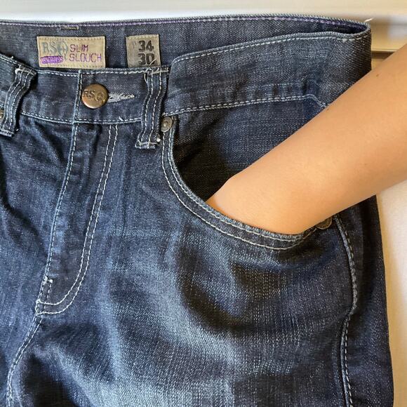 RSQ Men Slim Slouch Jeans size 34x30 Dark Blue Mid Rise Stretch - Picture 7 of 10